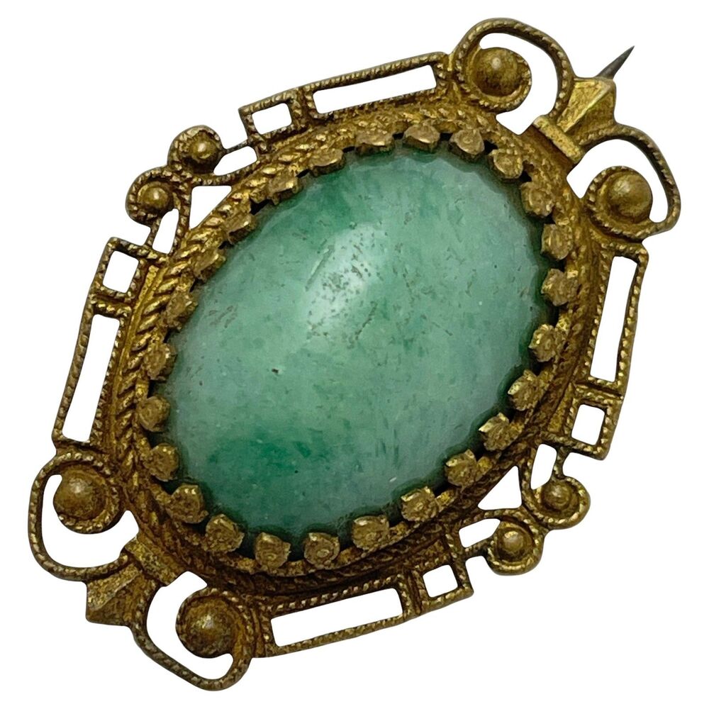 Vintage CZECHOSLOVAKIA gold tone jade glass cabochon brooch